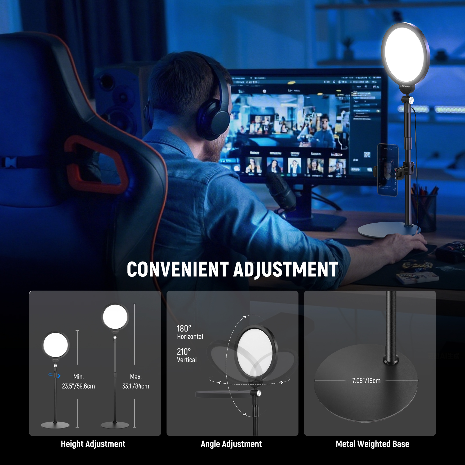 Neewer R06 7" Desk LED Ring Light With Stand & Phone Holder, 10W Dimmable Key Light For Video Recording, Live Streaming & Vlogs