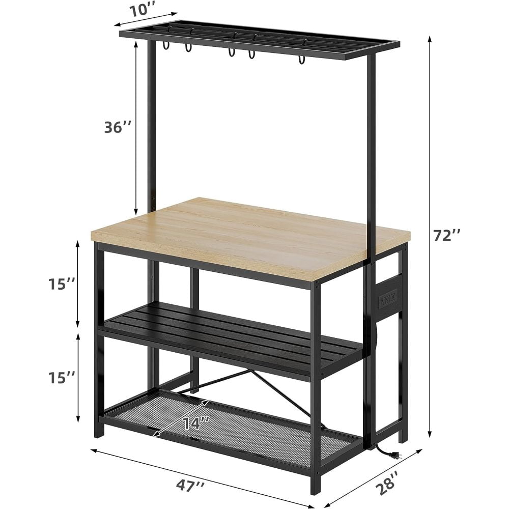 EastVita 47" Versatile Kitchen Island with Storage,Wood & Steel,Microwave Shelf,3-Tier Open Shelves,5 Hooks,Coffee Bar Convertible