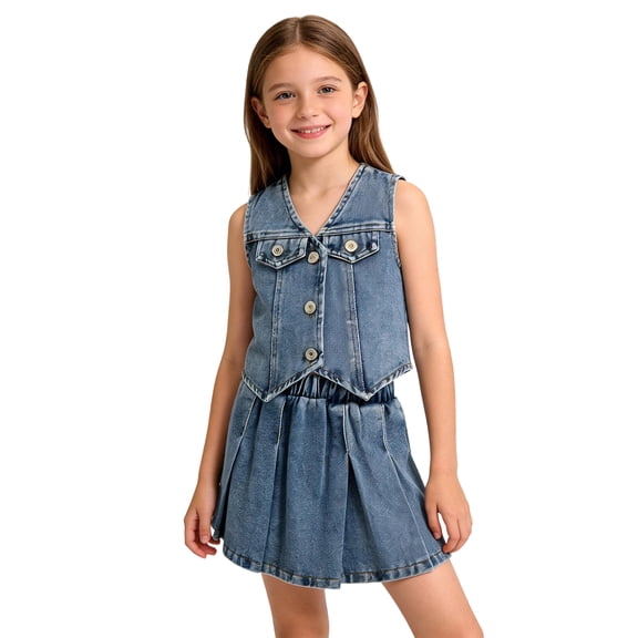 Mifsaly Girls Denim Outfits Sleeveless Button Down Jean Vest and Pleated Skirts Kids 2 Piece Classic Casual Summer Clothes