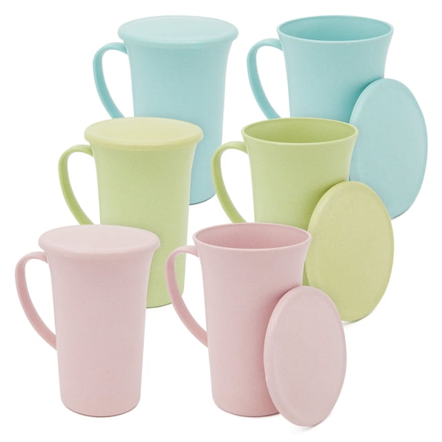Paquete de 6 tazas de paja de trigo con asas y tapas, irrompibles, aptas para microondas y lavavajillas (3 colores, 433 ml)