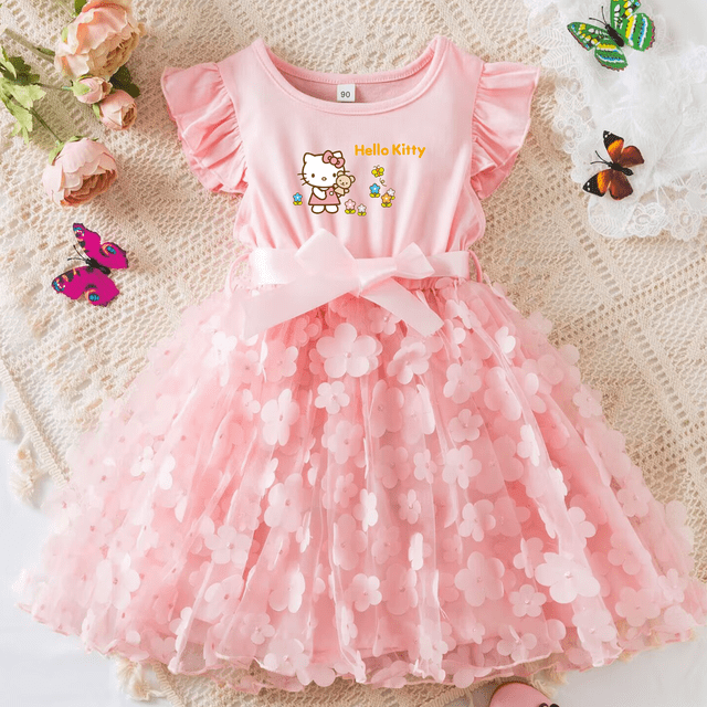Hello Kitty Robe d'Été pour Filles, Robe de Princesse Décontractée, Vêtements 3D Papillon Mignon pour Bébé, Robes de Fête 2-6 Ans FJH