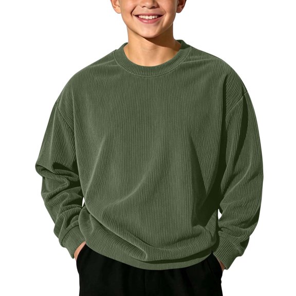 Squevariel Boys and Girls Long Sleeves Sweatshirt Corduroy Solid Color Round Neck Sweatshirts Casual Loose Pullover Top for 1-14Y