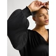 thumbnail image 4 of Scoop Women's and Women's Plus Crinkle Satin V-Neck Shirred Mini Dress with Long Sleeves, Sizes XS-4X, 4 of 5