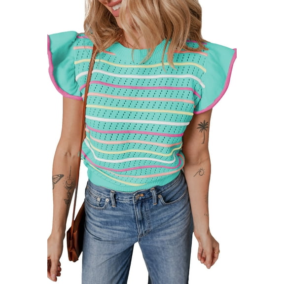 Women's Vibrant Green Striped Eyelet Knit Ruffled Sleeve Sweater T-Shirt | [ZhiHiMeRi] | (US 12-14)L