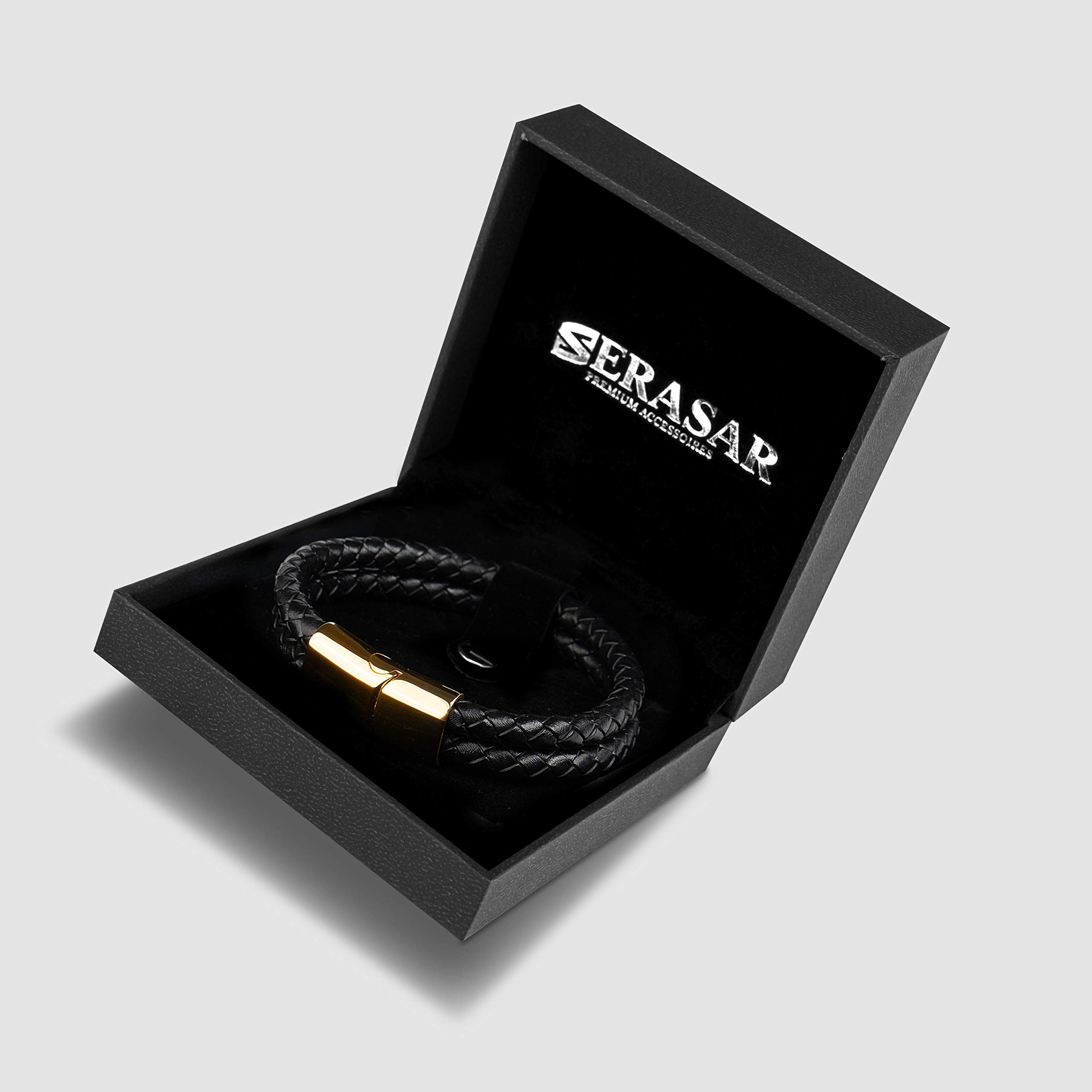 SERASAR Leather Bracelet for Men "Double" with stainless steel magnetic closure, Gold 20cm, including gift box