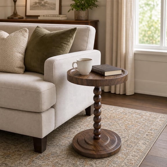 YUCHANG Vintage Side Table, Round Wooden End Table with Sturdy Base, Modern Accent Table for Living Room, Bedroom, Small Spaces, Nightstand