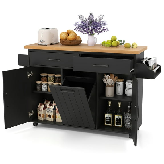 Costway Rolling Kitchen Island Kitchen Cart with Tilt-out Trash Cabinet Island Table Black