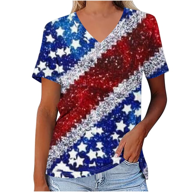 Suéteres de Algodón para Mujeres Cuello en V Manga Corta Impresión Independiente Día, Casual Verano Fondo Camiseta para el Hogar Y Diario