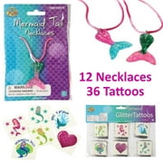 12 Mermaid Necklaces & 36 Mermaid Glitter Tattoos Party Favor Pack - Girls Mermaid Pinata Filler, Birthday Party Supplies, Decorations & Prizes.