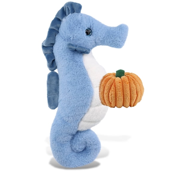 DolliBu Super Soft Plush Blue Seahorse Stuffed Animal with Pumpkin Decor - Pumpkin Plush Animal for Fall, Halloween and Thanksgiving, Pumpkin Toy for Baby, Kids, Adults - 12 Inches