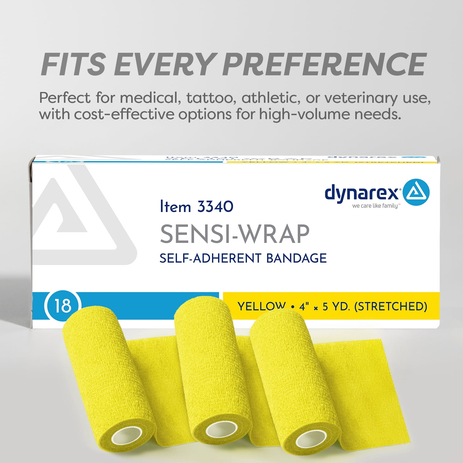Dynarex Sensi-Wrap Self-Adhesive Bandages, 18-Pack, 4" x 5 yards, Yellow, Latex-Free, Colored Elastic Cohesive Athletic Tape, Tattoo Grip & Vet Wrap
