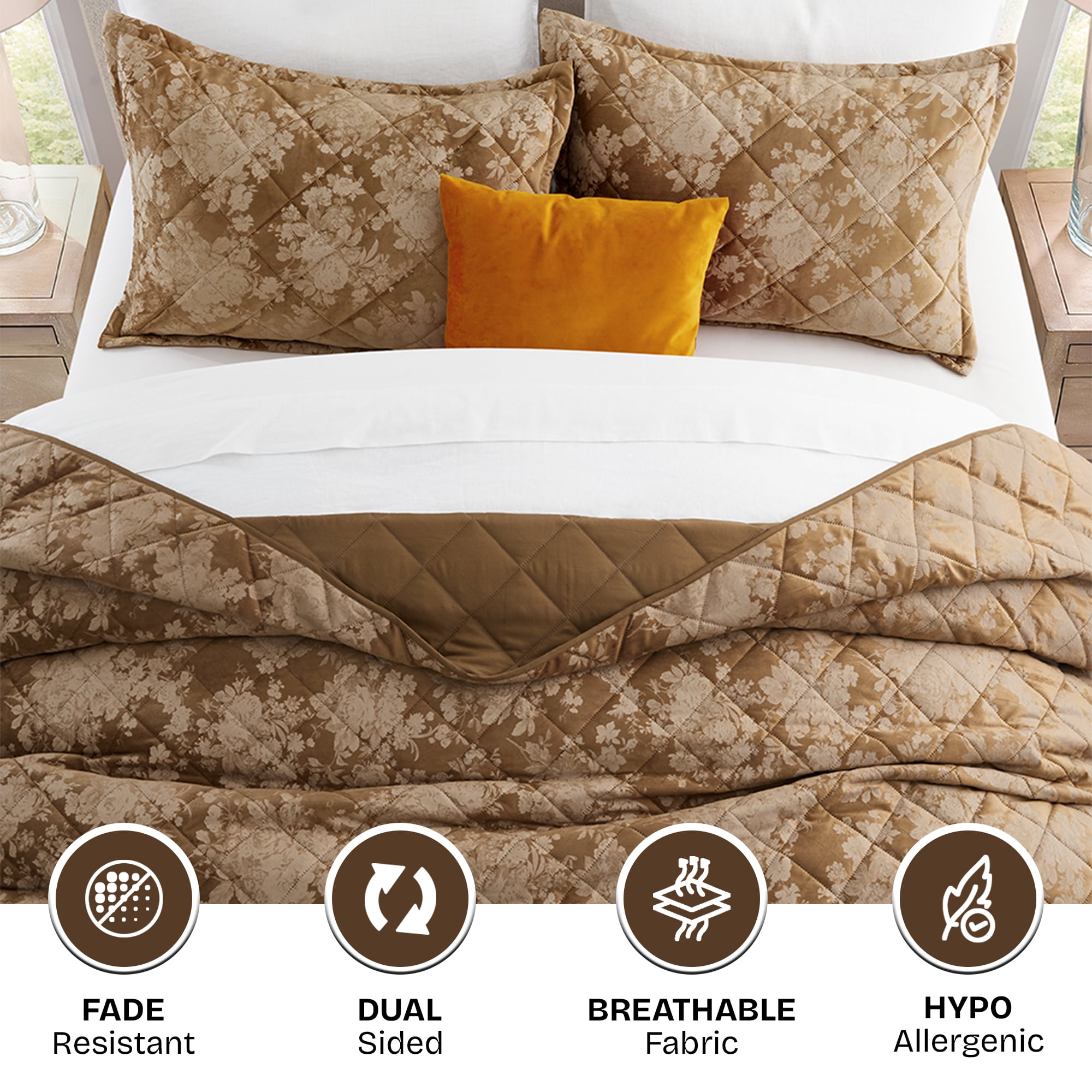 Ameha 3-Piece Velvet Quilt Set Floral Diamond Pattern Ultrasonic Embossed Bedspread Reversible Lightweight Microfiber Coverlet King Size Caramel
