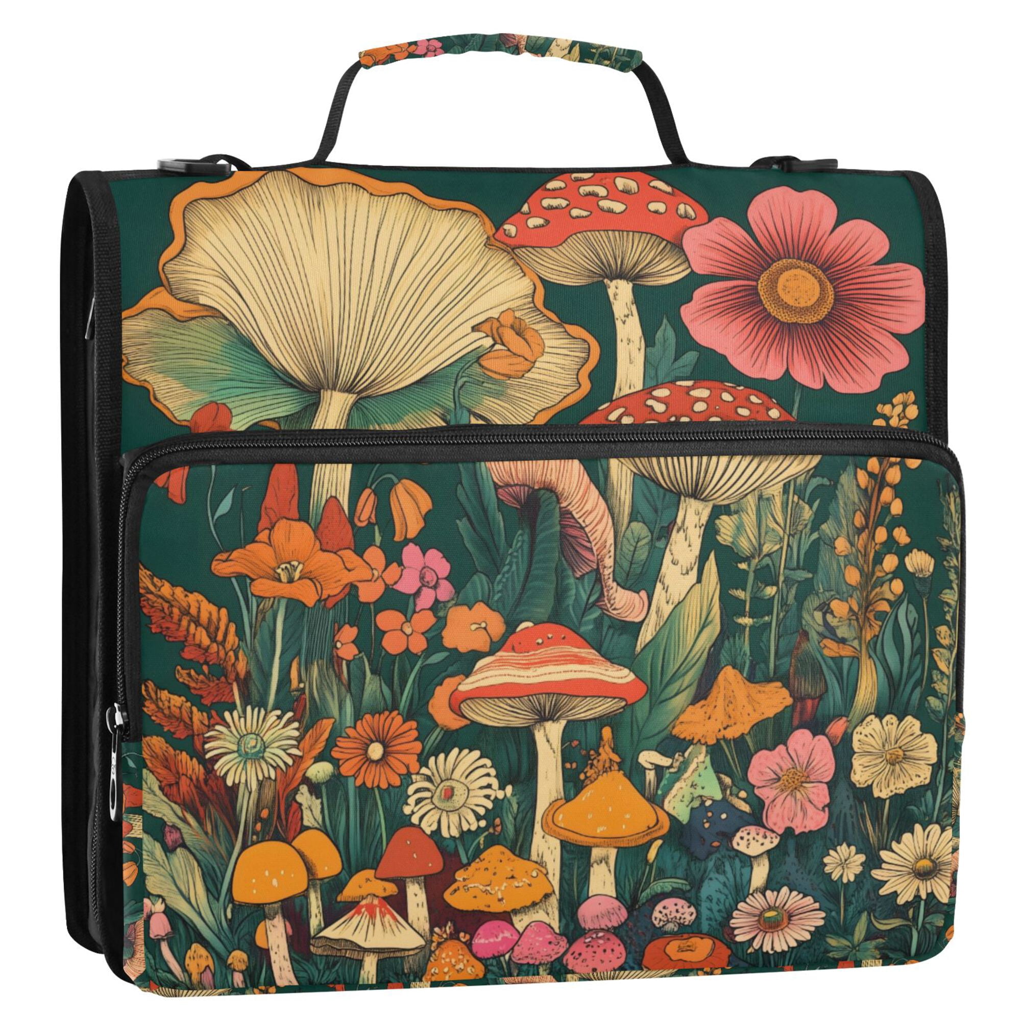 FORMRS Zipper Binder with Shoulder Strap 2-inch Ring 500 Sheet Capacity File Bag, Floral Mushroom