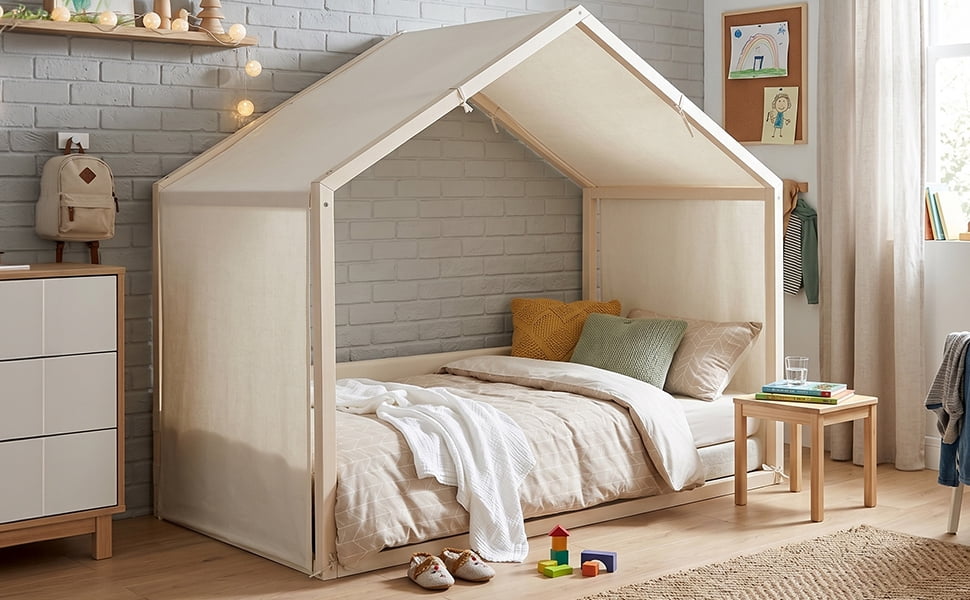 Mintazer Twin Size Montessori House Floor Bed with Breathable Linen Canopy & Velvet Upholstered Side Guard Panels, Low Platform Kids Playhouse Bed Frame for Bedroom Guest Room, Natural