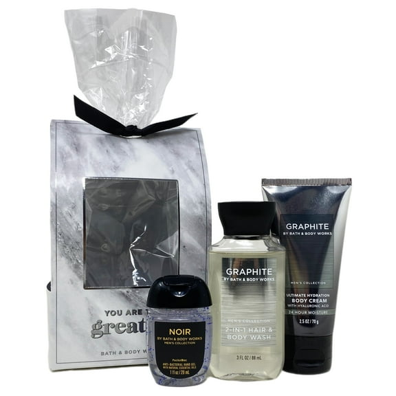 Bath & Body Works GRAPHITE Mini Gift Set Travel Size - 2 in 1 Body Wash, Body Cream, PocketBac Hand Sanitizer arranged in cello with a decorative wraparound