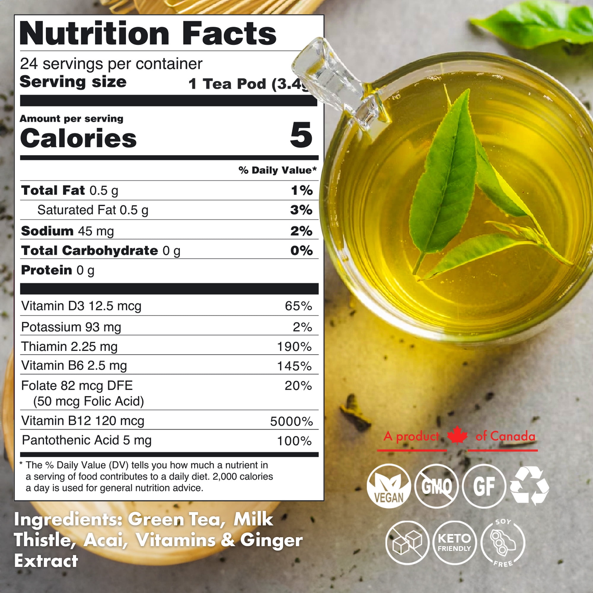 SOLLO Detox Green Tea Pods with Milk Thistle, Acai, Vitamins & Ginger | Slimming & Cleansing Formula with Herbal Extracts, Compatible with Keurig 2.0 Brewers, 24 K-Cup