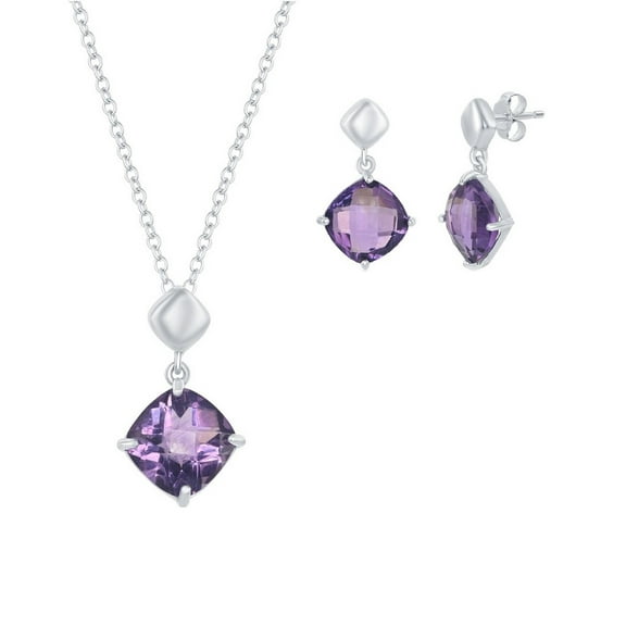 iJewelry2 Sterling Silver Cushion-Cut Square Amethyst Necklace and Earrings Set