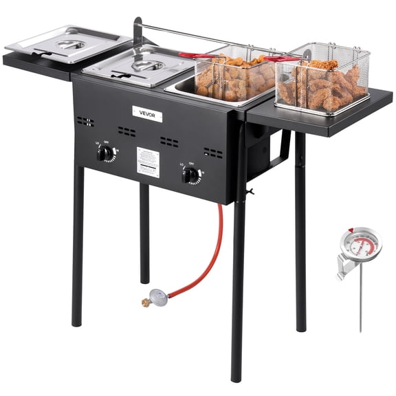 VEVOR Outdoor Propane Deep Fryer,Dual-Tank 8QTx2 Commercial Fryer, Stainless Steel Cooker with Foldable Platform, Dual Basket, and Heat Adjustment, Floor Standing Fryers for Restaurant Home Snack Bar