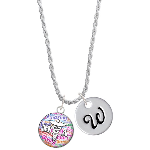 Delight Jewelry Silvertone Domed Multi Color MA Silvertone Script Initial Disc - W - Charm Necklace, 20"+3"