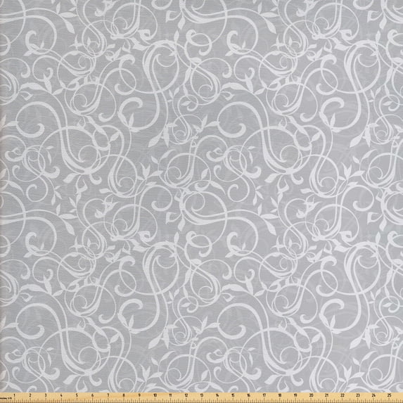 Floral Fabric by the Yard, Greyscale Tone Swirly Pattern Vintage Garden Details Pattern, Upholstery Fabric for Dining Chairs Home Decor Accents, Pale Purpleblue and Pale Grey by Ambesonne