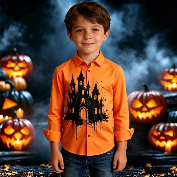 Boys Tops - Versatile Seasonal Long Sleeve Collar Shirt with Chest Print for Kids Casual Everyday Top for 3-12 Years Suitable for Holidays and