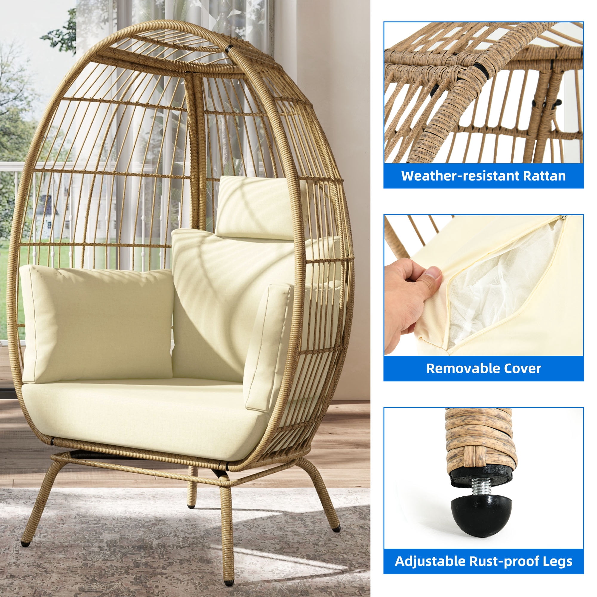 Uforic Outdoor Egg Chair with Cushion,Patio Wicker Basket Chair with Stand and Beige Cushion Cocoon Chair