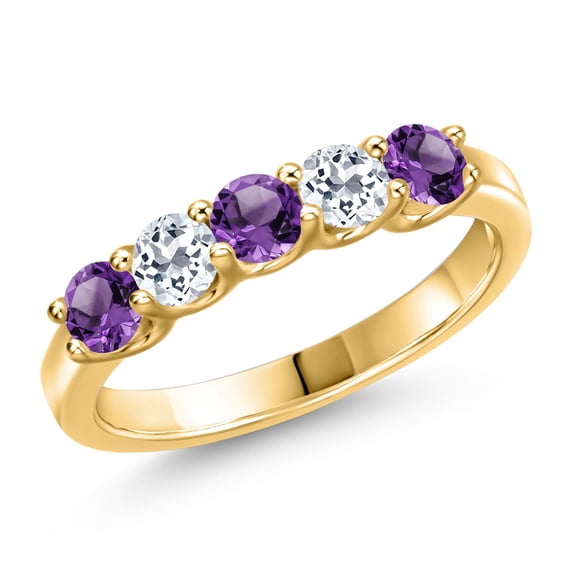 Gem Stone King 18K Yellow Gold Plated Silver Purple Amethyst and White Topaz Wedding-Bands Ring for Women | 0.91 Cttw | Round 3.5MM | Gemstone February Birthstone | Size 5