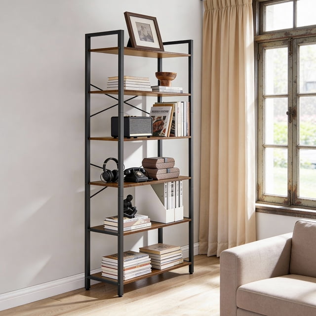 Librería de 6 Niveles, Biblioteca, Estantería para Oficina, Salón, Dormitorio, 30 x 80 x 186 cm, Marrón Rústico y Negro Tinta