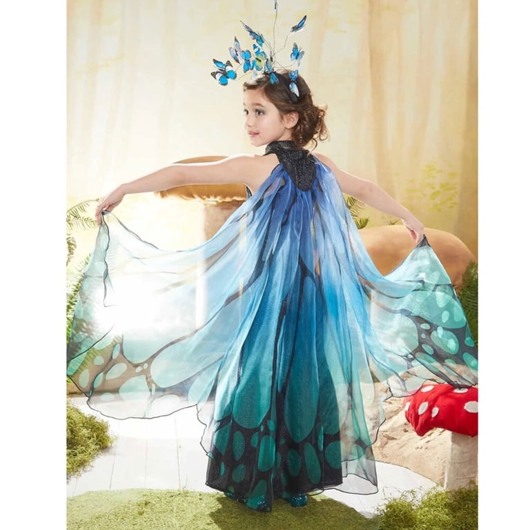 Girls Blue Fairy Butterfly Costume Dress Fancy Halloween Christmas Birthday Dress w/Accessories, Girl's, Size: Large(6-7T)