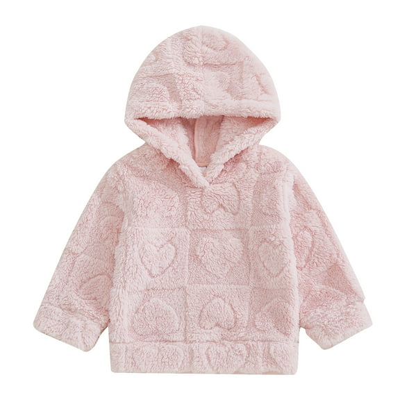Elippeo Toddler Girl Plush Hooded Sweatshirt Cute Heart Pattern Long Sleeve Valentine's Day Casual Hoodie 6 12 18 24 Months 3 4 Years