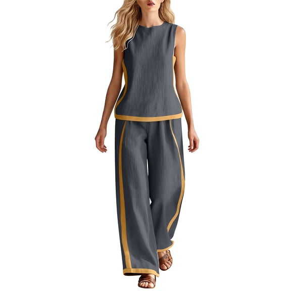 Costeam Womens Color Block Stripe Two Piece Matching Outfit Crew Neck Sleeveless Tank Top Side Slip Pockets Loose Full Elastic High Waist Wide Leg Pants Lightweight Set