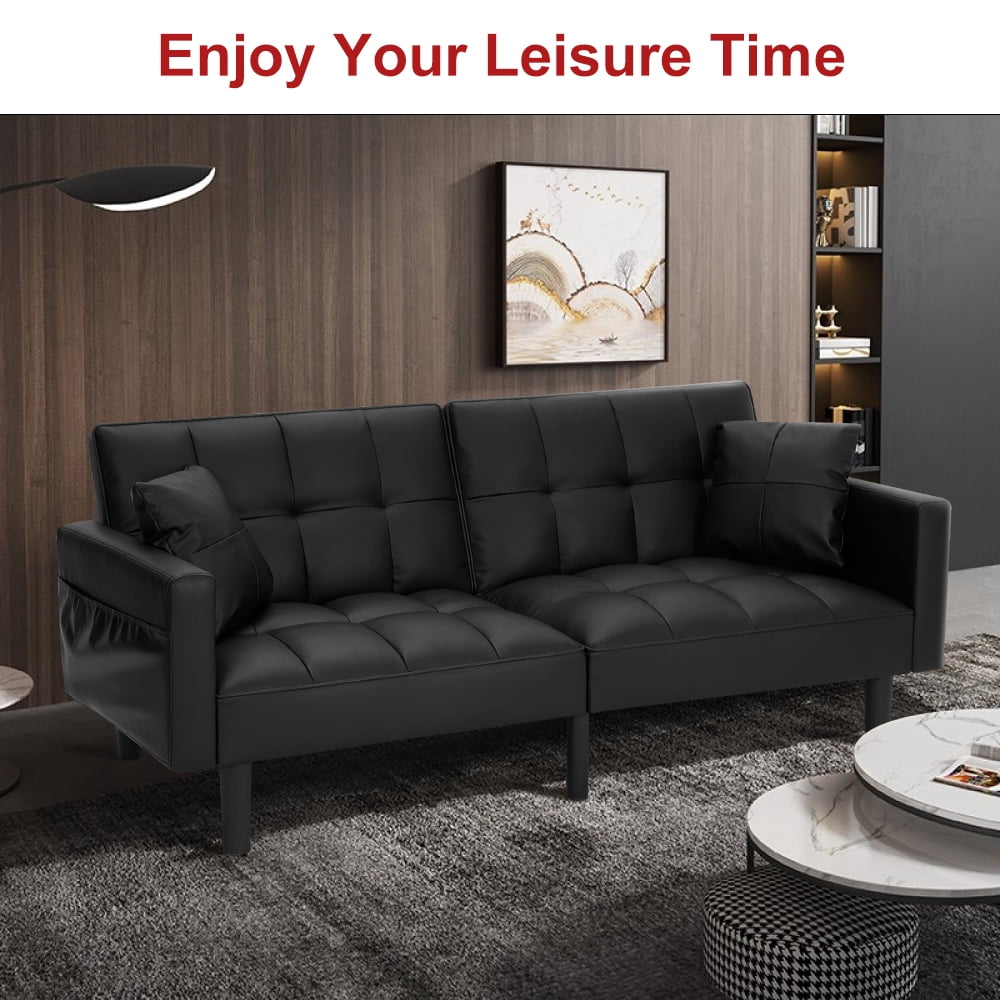 AVAWING Modern Upholstered Sofa Bed, Convertible Sectional Sofa, Upholstered Futon Faux Leather Couch w/ 2 Pillows, Apartment, Black