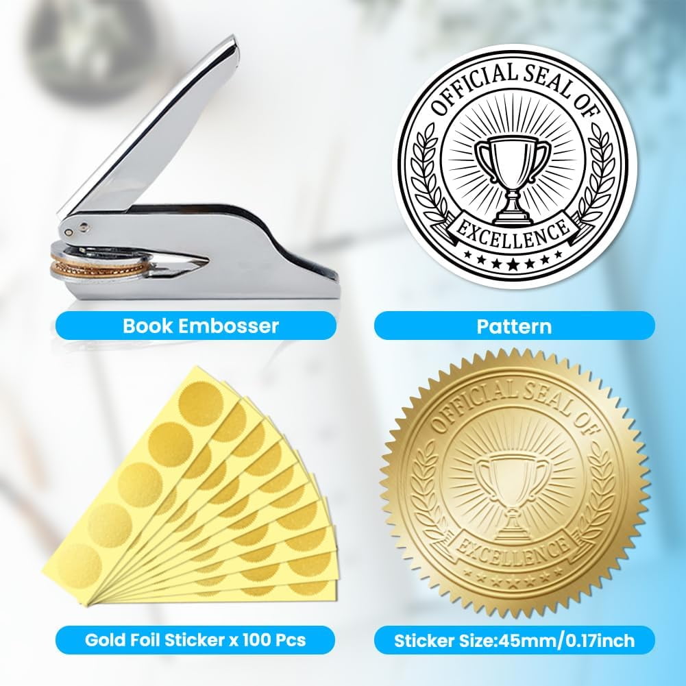 Letter Book Embosser Personalized Official Seal of Excellence Pattern Book Stamp Durable Library Stamp with Handle Set