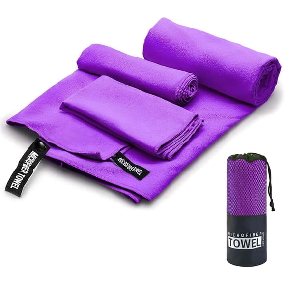 Toalla Deportiva, Toalla Microfibra 3PCS, Toalla Gym Suave y Ligero para Natacion, Deporte, Baño, Viajes, Yoga, Etc, con Una Bolsa, 3 Tallas (76 * 152cm+40 * 80cm+30 * 30cm, Violeta)