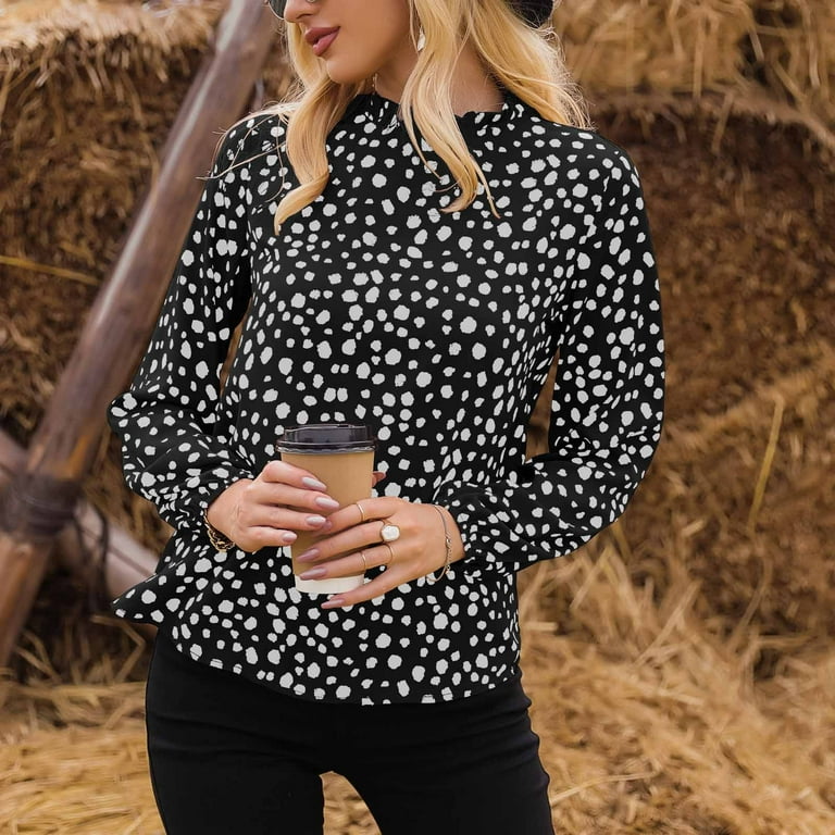 Women's Polka Dot Leopard Blouses Dressy Long Sleeve Mock Neck