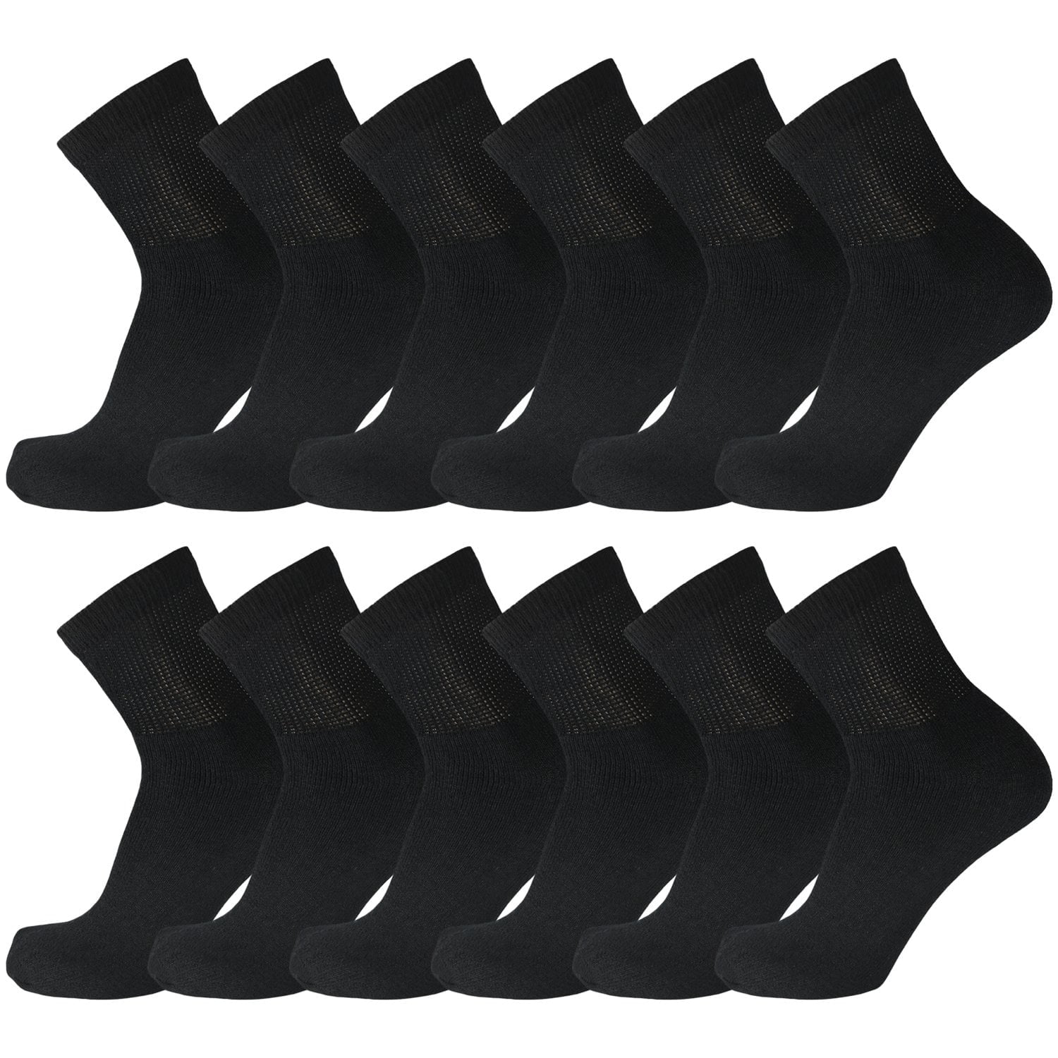 12 Pairs of Diabetic Cotton Quarter Socks with Non Binding Top (Black, Sock Size 10-13)