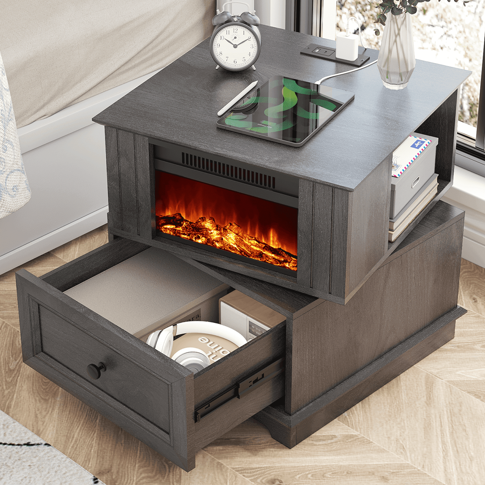 FAGAGA 19.7" Fireplace End Table with Charging Station, Rotating Square Side Table with Storage, Nightstand with Electric Fireplace Heater for Bedroom Living Room | Gray