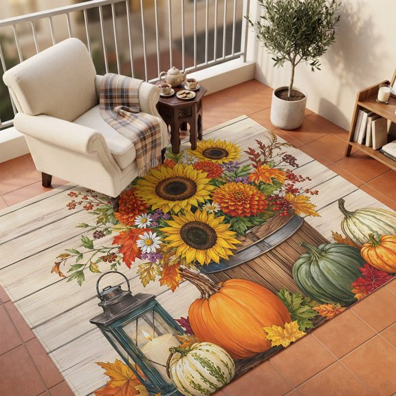 Thanksgiving Pumpkins Area Rugs 5'x7', Small Throw Rugs for Laundry Room Playroom, Fall Sunflowers Maple Vintage Wooden Indoor Outdoor Rug Non-Slip Low Pile Carpet Runner Reversible Floor Mats