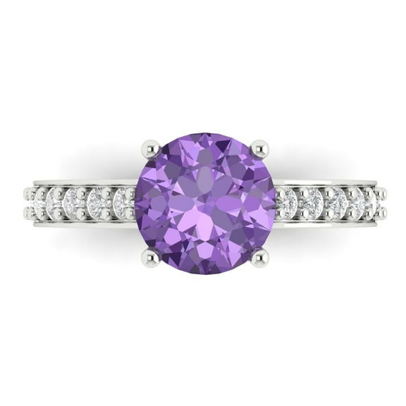 2.3 ct Round Cut Simulated Alexandrite Solitaire with Simulated Diamond Accents 14K White Gold Womens Engagement Ring