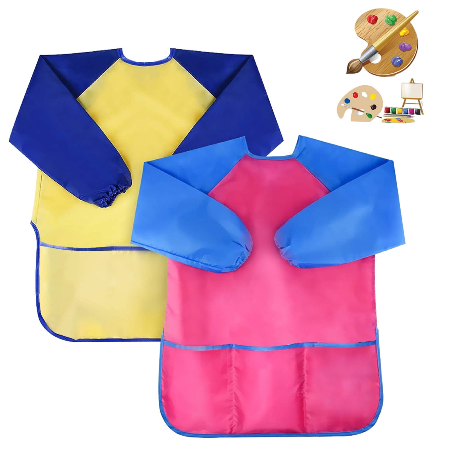 Paints and Brushes not Included -1.4 ft X1.7 ft 2 Piece Waterproof Childrens Art Smock Kids Art Aprons with Long Sleeve 3 Roomy Pockets,Art Painting Supplies 43X52CM 