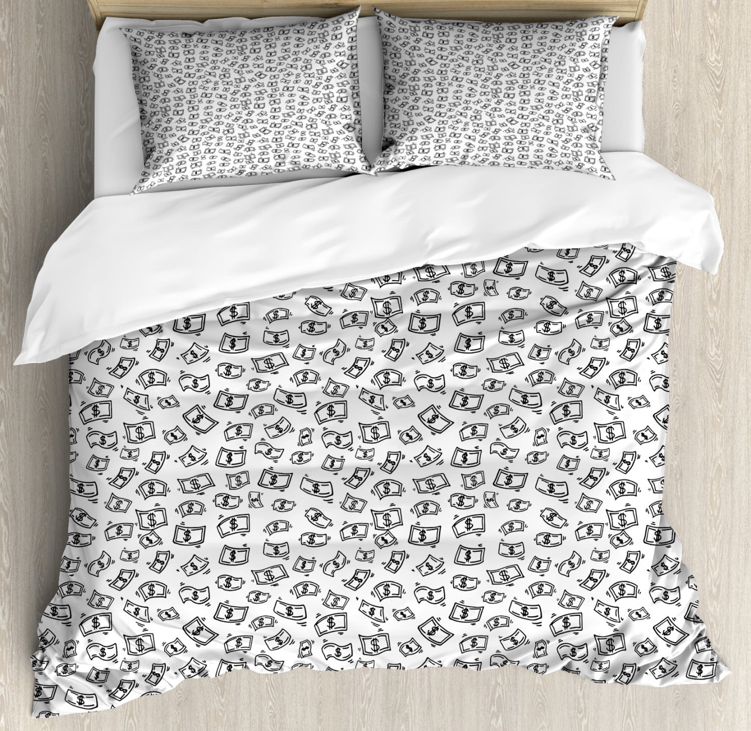 Money Queen Size Duvet Cover Set, Sketch Style Monochrome Raining Dollar Bills Cash Money Flying