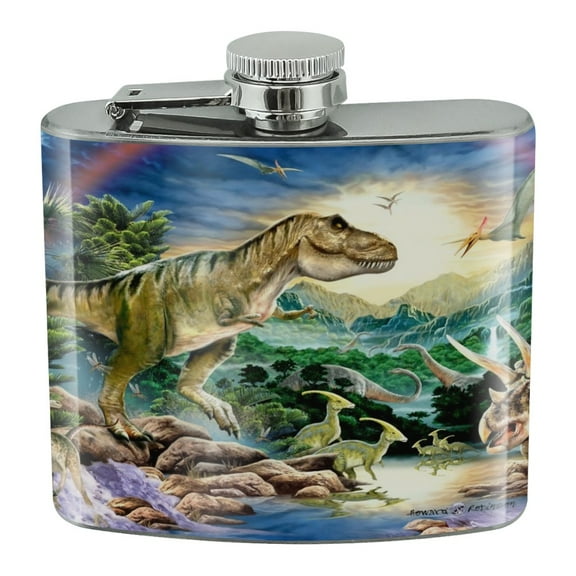 Tyranosaur T-Rex Jurassic Sunset Stainless Steel 5oz Hip Drink Kidney Flask
