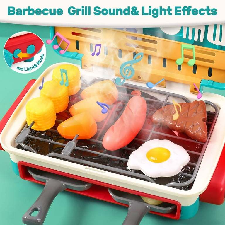 Kids Play Food Grill with Pretend Smoke Sound Light Kitchen Playset BBQ  Accessories Camping Toy Cooking Set Barbecue Toy Toddler Girl Boy Toy 2 3 4  5