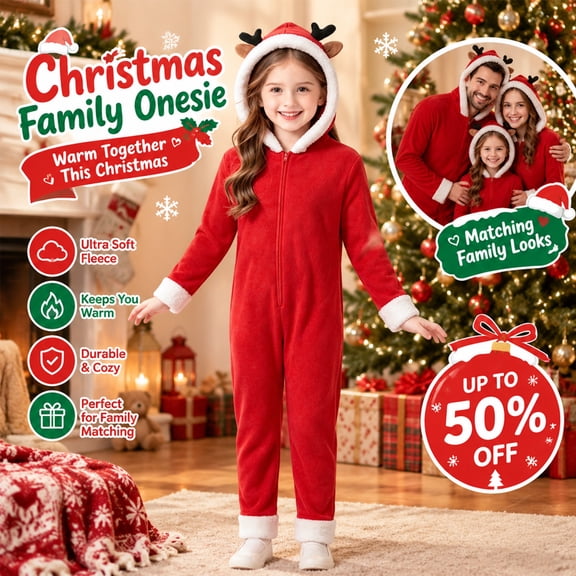 Huowey Matching Family Christmas Pajamas Fuzzy Reindeer Onesie Pajama Hooded Zip Up Kids Cute Family Parties Loungewear,Red,12 Years