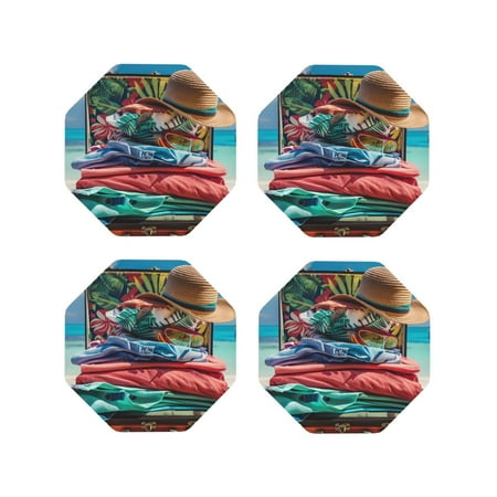 

Tideii Tropical Vacation Essentials for Leather Coasters 4 Pieces Anti-fouling and Anti-scalding Decorative Coasters Suitable for Restaurants Kitchens Coffee Shops-Octagon