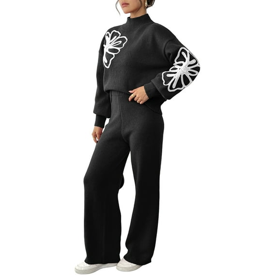 Women'S 2 Piece Outfits Sweater Lounge Sets Long Sleeve Knit Pullover and Wide Leg Pants Tracksuit Matching Set Black L