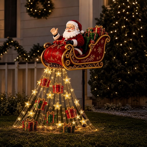 LEVEO Santa’s Flying Sleigh Gift Cascade,Solar Christmas Garden Stake Light,Flowing LED Garden Stake Light,Christmas Solar Decorative Lamp,Versatile Outdoor Holiday Decor