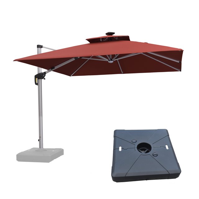 PURPLE LEAF Parasol de Patio Carré de Luxe de 10 Pi à DEL Alimenté par Solar avec Base, Grand Parasol Déporté à Mât Décentré avec Rotation à 360°, Noir Rouge
