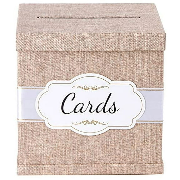 Merry Expressions Burlap Card Box - White/Gold-Foil Satin Ribbon & Cards Label - 10"x10" Large Perfect for Money & Gifts at Rustic Wedding Receptions, Birthdays, Bridal & Baby Showers