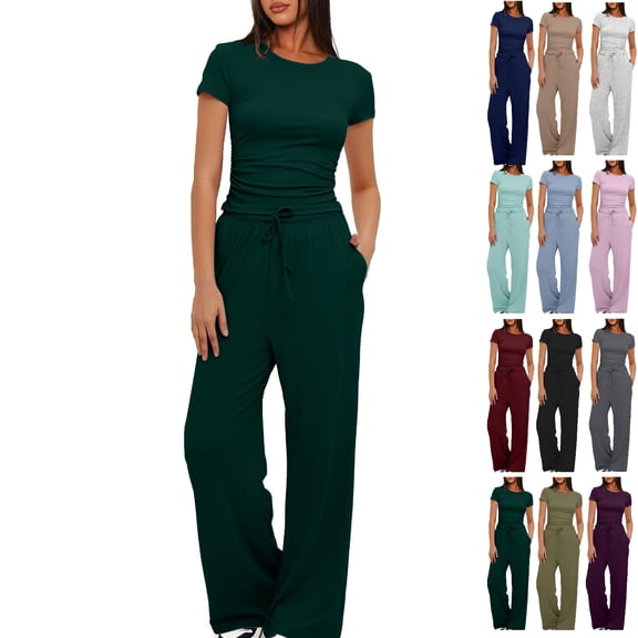 fheaev Summer 2 Piece Outfit for Women Ruched Short Sleeve Crewneck Tops Wide Leg Pants with Pockets Casual Tracksuit Sets